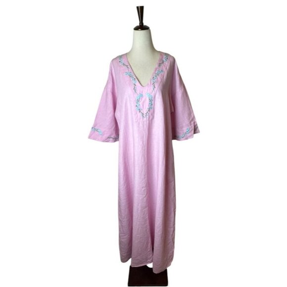 Fanm Mon x Andie Dress Women Small Pink Linen Embroidered The Kepez Kaftan Maxi - Picture 2 of 15